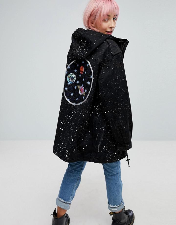 Ragyard Parka Hand Splattered Jacket With Back Patch - Black