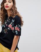 Asos Design T-shirt With Floral Embroidery - Gray