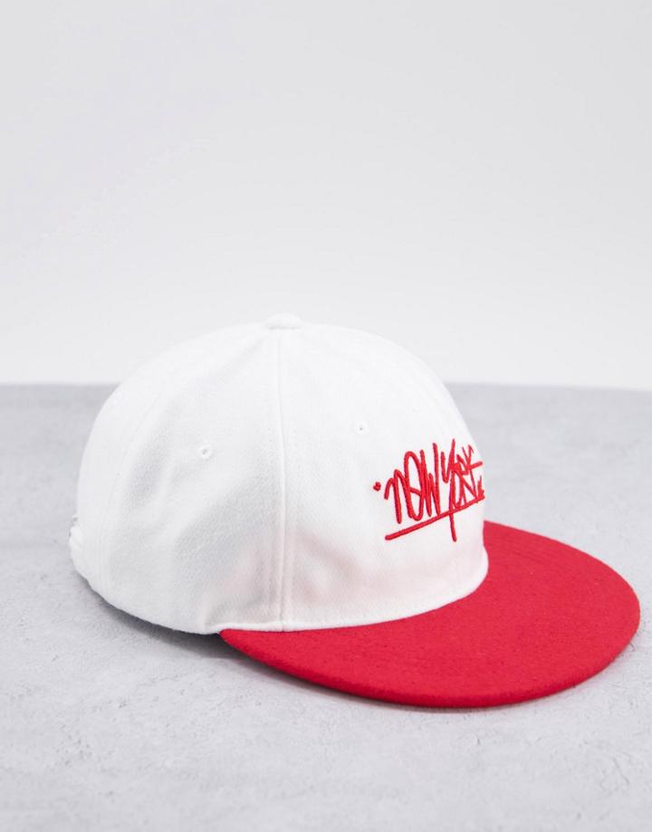 Asos Design Retro Snapback Cap In Red And White With City Print