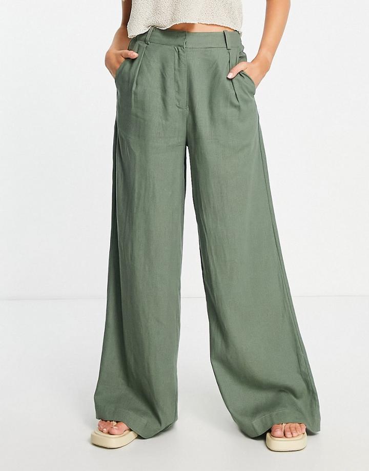 Vero Moda Linen Wide Leg Pants In Khaki-green
