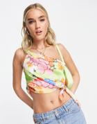 Asos Design One Shoulder Cami With Knot Tie In Heart Floral Print-multi