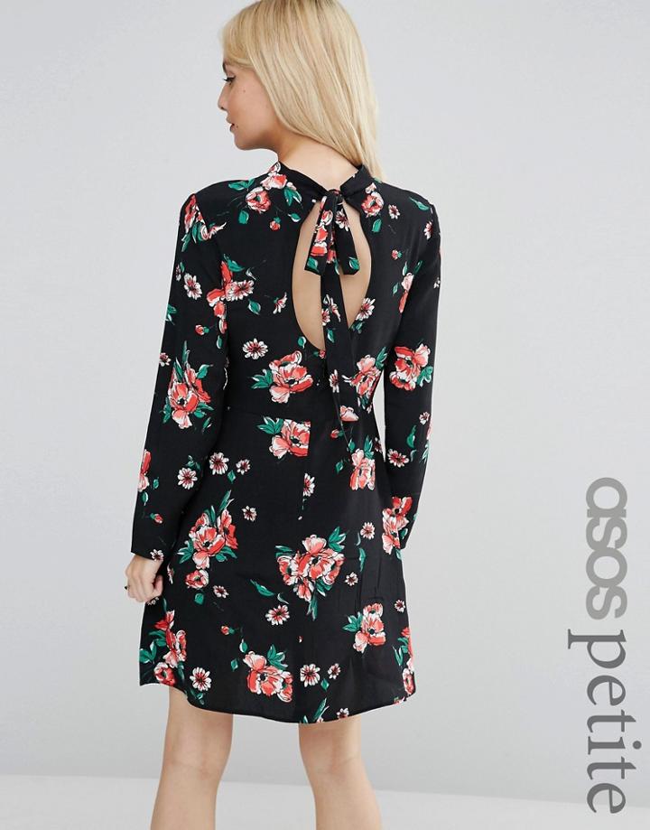 Asos Petite High Neck Skater Dress With Open Back In Floral Print - Multi