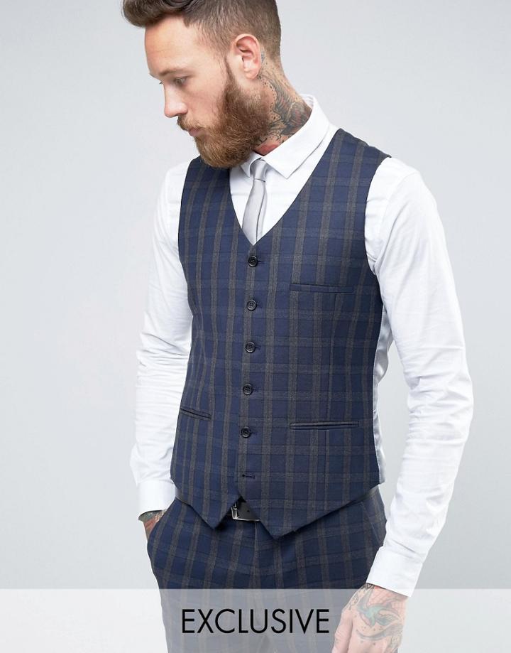 Heart & Dagger Skinny Vest In Brushed Plaid - Navy