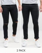 Asos Super Skinny Jeans 2 Pack In Black & Black With Knee Rips - Black