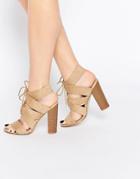 New Look Lace Up Block Heeled Sandals - Beige