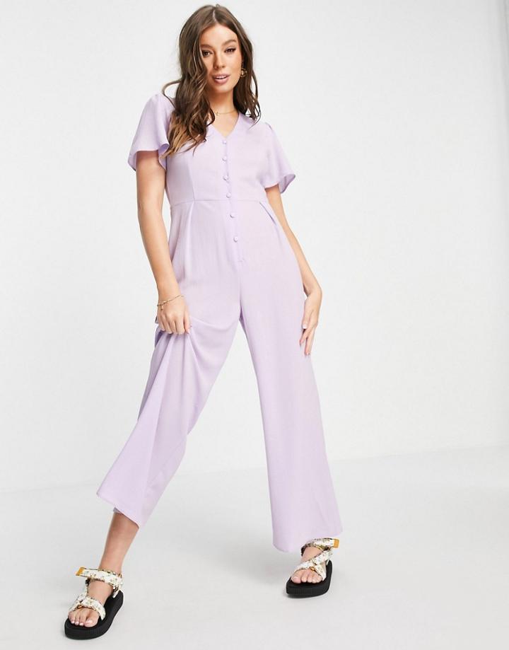 Asos Design Bubble Crepe Tea Button Front Jumpsuit In Lilac-purple