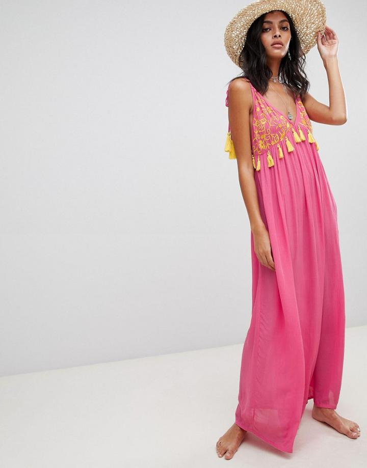 Asos Design Embroidered Pom Pom Trim Halter Maxi Beach Dress - Multi