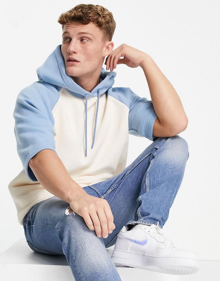 Topman Short Sleeve Raglan Hoodie In Blue-blues
