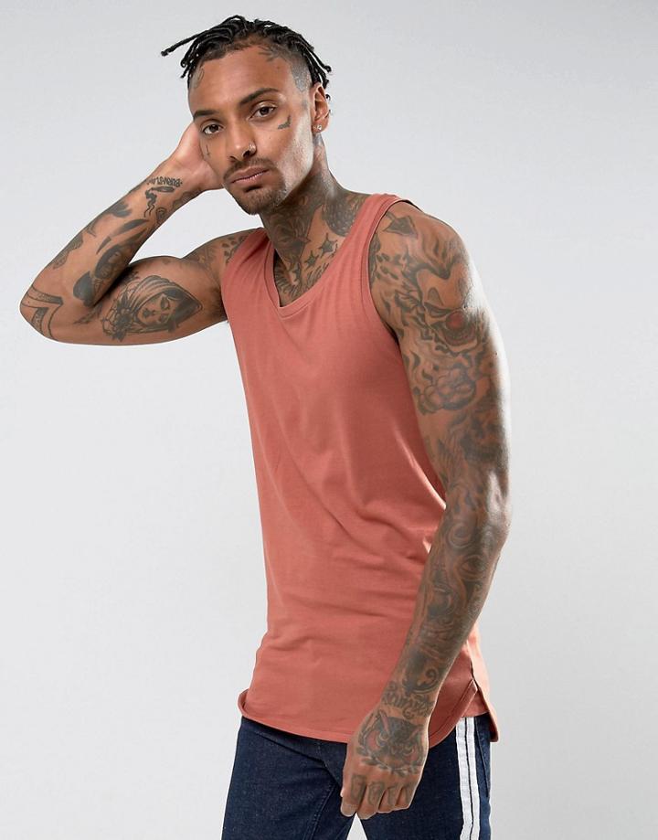 Asos Longline Muscle Tank With Bound Hem In Red - Red