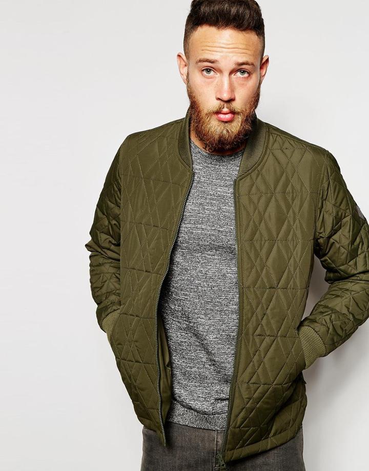 Asos Quilted Jacket With Zip Fastening In Khaki - Khaki