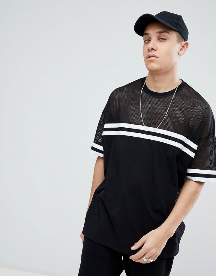 Asos Super Longline T-shirt In Mesh With Monochrome Rib - Black