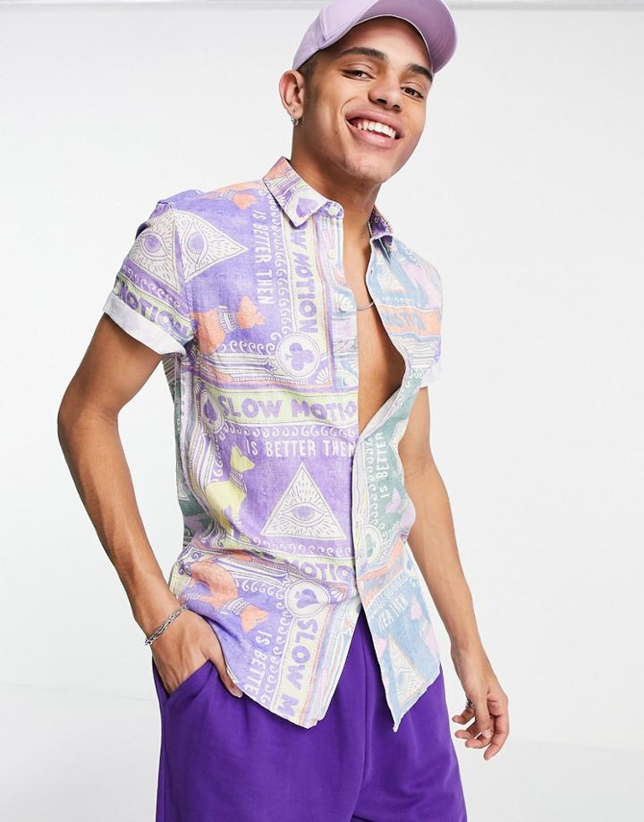 Asos Design Regular Standard Collar Linen Shirt In Postcard Pastel Mix And Match Print-purple