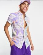 Asos Design Regular Standard Collar Linen Shirt In Postcard Pastel Mix And Match Print-purple