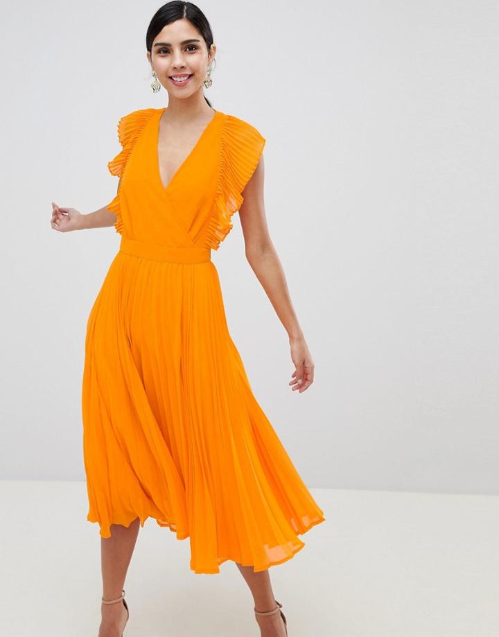 Asos Design Pleated Ruffle Midi Dress With Cut Outs - Orange