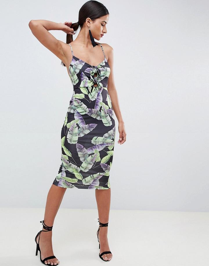 Asos Design Slinky Bodycon Midi Dress In Leaf Print - Multi