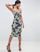 Asos Design Slinky Bodycon Midi Dress In Leaf Print - Multi
