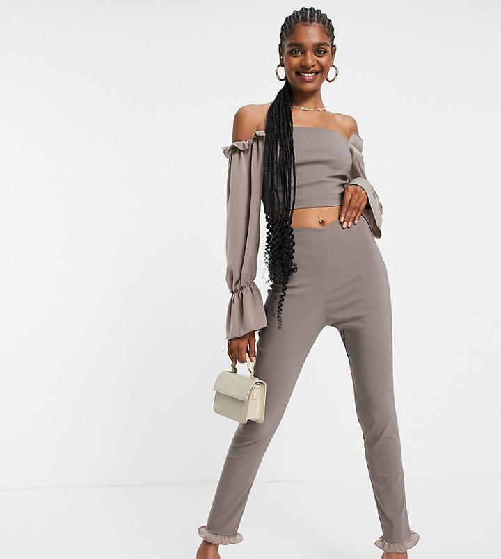 Vesper Tall Slim Pants With Ruffle Detail In Brown - Part Of A Set