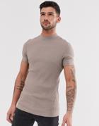 Asos Design Muscle Fit T-shirt With Turtleneck In Rib In Beige - Beige