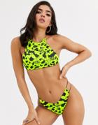 Asos Design High Neck Strappy Back Bikini Top In Acid Yellow Animal-multi