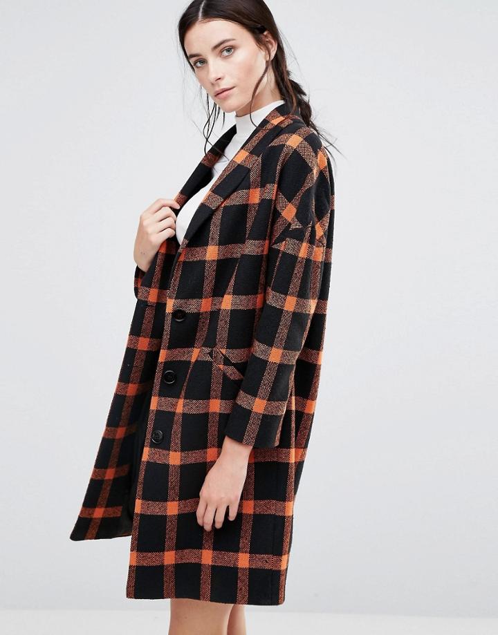 Helene Berman Ema Coat In Black And Orange Check - Orange
