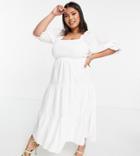 In The Style Plus X Stacey Solomon Shirred Detail Puff Sleeve Tiered Midi Dress In Stone-neutral