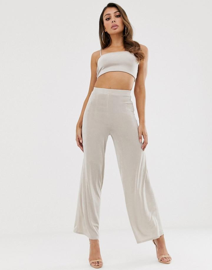 Asos Design Two-piece Wide Leg Pants In Slinky - Beige