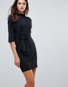 Closet Waffle Texture High Collar Front Tie Dress - Black