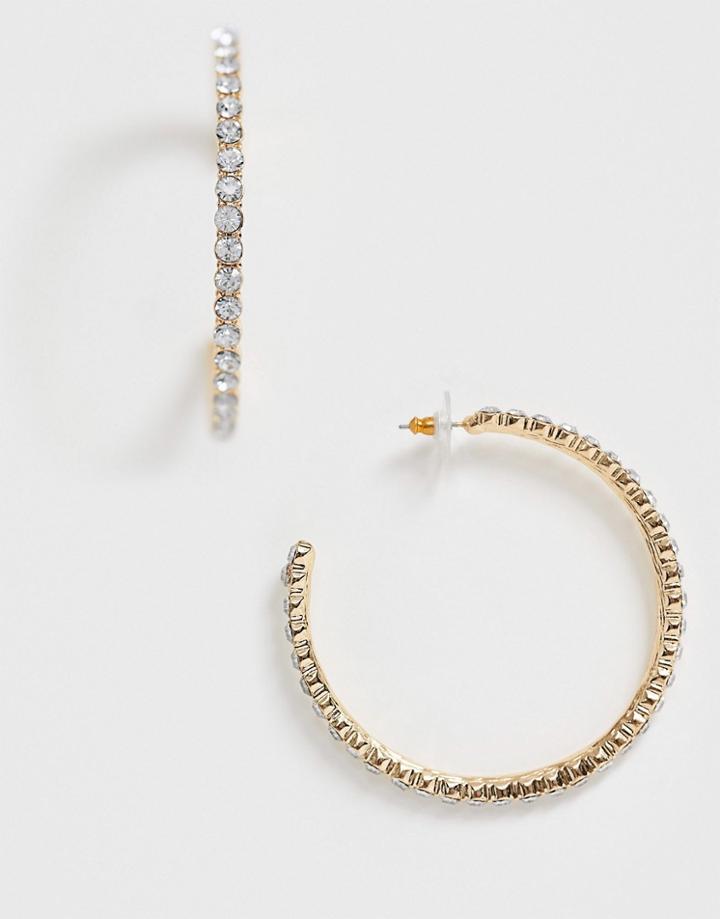 Asos Design Crystal Hoop Earrings In Gold Tone