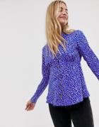 Influence Collar Detail Tea Blouse In Splodge Print With Button Front - Blue
