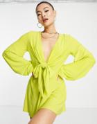 Asos Design Glam Plunge Tie Front Romper In Slinky In Chartreuse-green