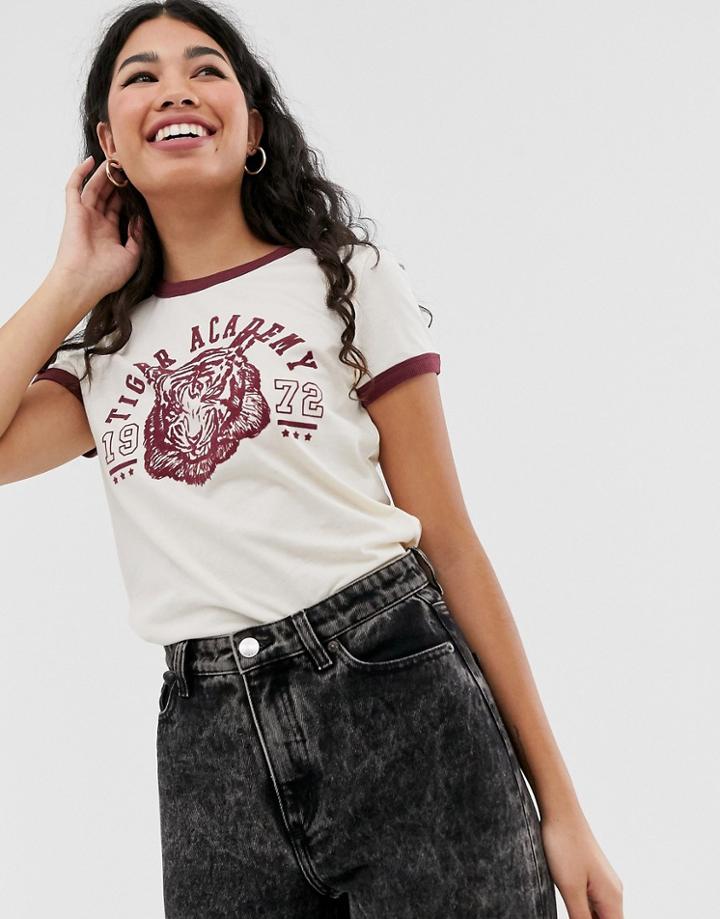 Brave Soul Katla Ringer Tee With Flock Print - Cream