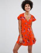 Asos Button Through Dress In Ditsy Floral - Multi
