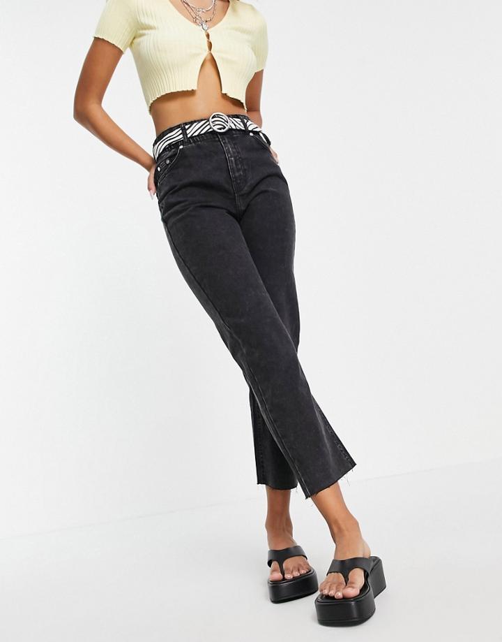 Bershka Organic Cotton Elasticated Waist Raw Hem Jean In Black-gray