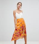 Asos Design Petite Satin Wrap Midi Skirt In Floral Print - Multi