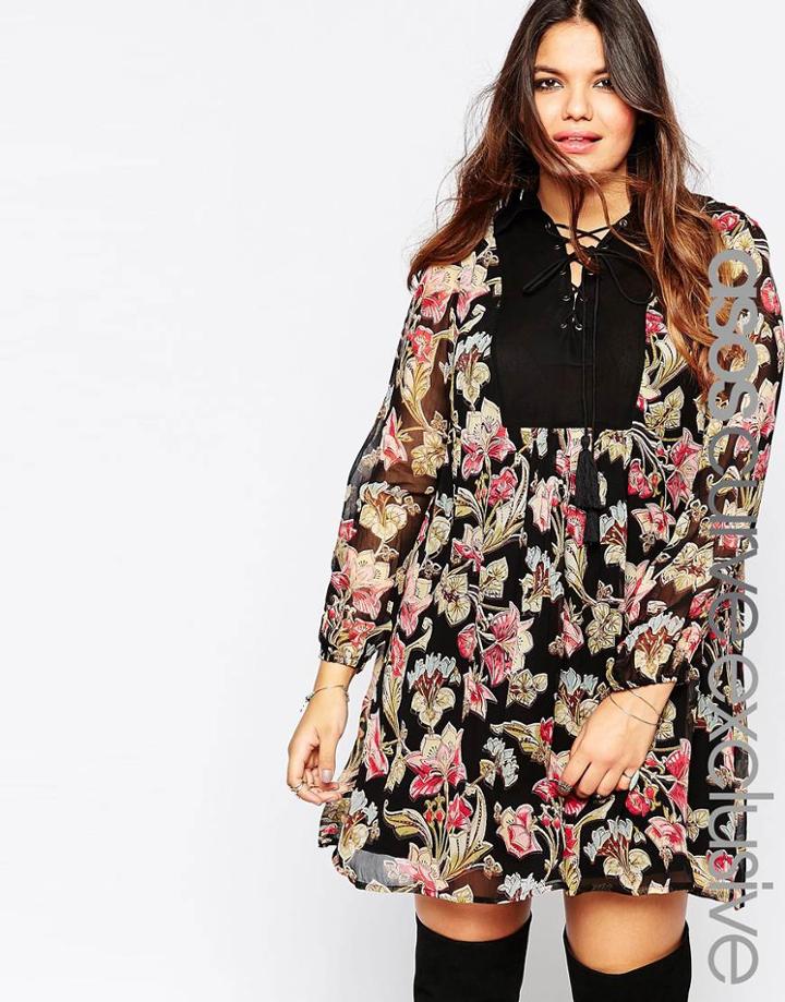 Asos Curve Swing Dress In Folk Floral Print With Lace Up Detail - Print