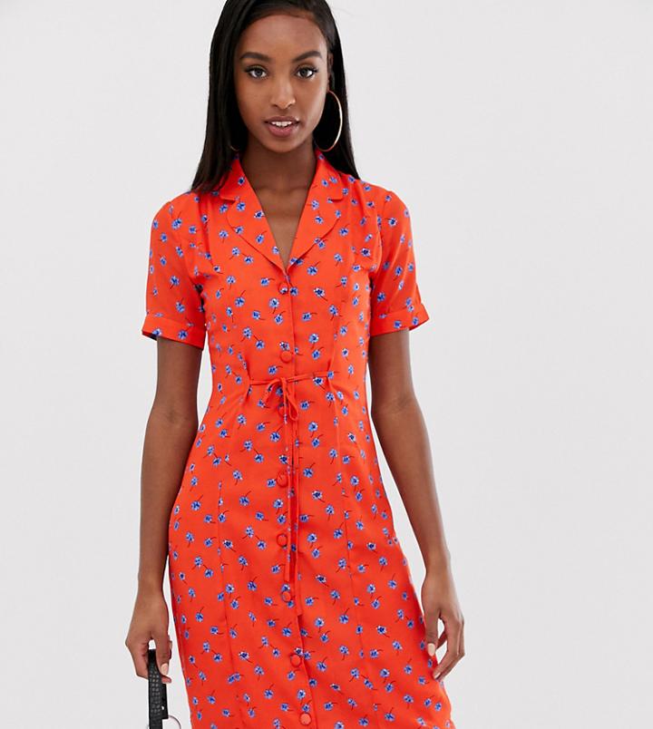 Fashion Union Tall Fitted Midi Shirt Dress In Floral-red