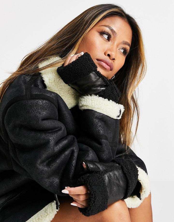 Topshop Fingerless Shearling Bonded Mittens In Black