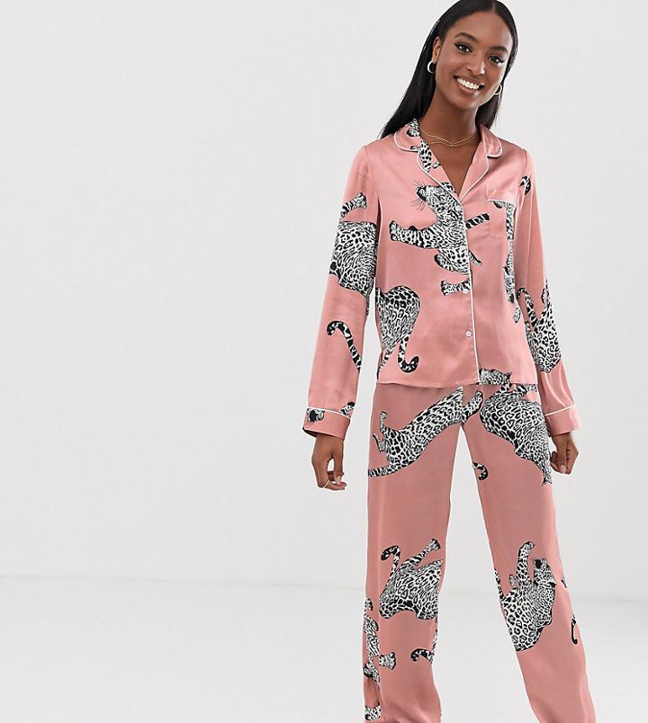 Asos Design Tall Cheetah Satin Pyjama Pants Set - Pink