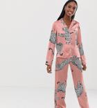 Asos Design Tall Cheetah Satin Pyjama Pants Set - Pink