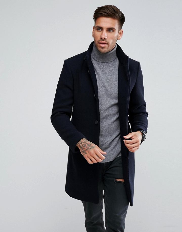 Pull & Bear Smart Over Coat In Navy - Navy