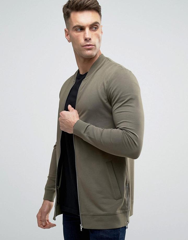 Asos Muscle Fit Bomber With Side Zips In Khaki - Green