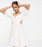 Miss Selfridge Petite Cut Out Cotton Flax Mini Dress In Ivory-white
