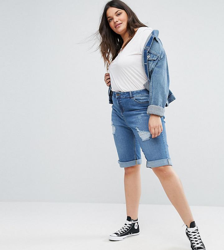 New Look Curve Distressed Knee Shorts - Blue