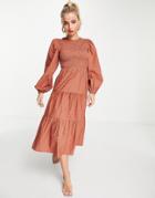 Influence Cotton Poplin Tiered Midi Dress In Rust Polka Dot-orange