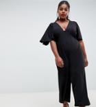 Asos Design Curve Tea Jumpsuit With Empire Seam And Flutter Sleeve - Black