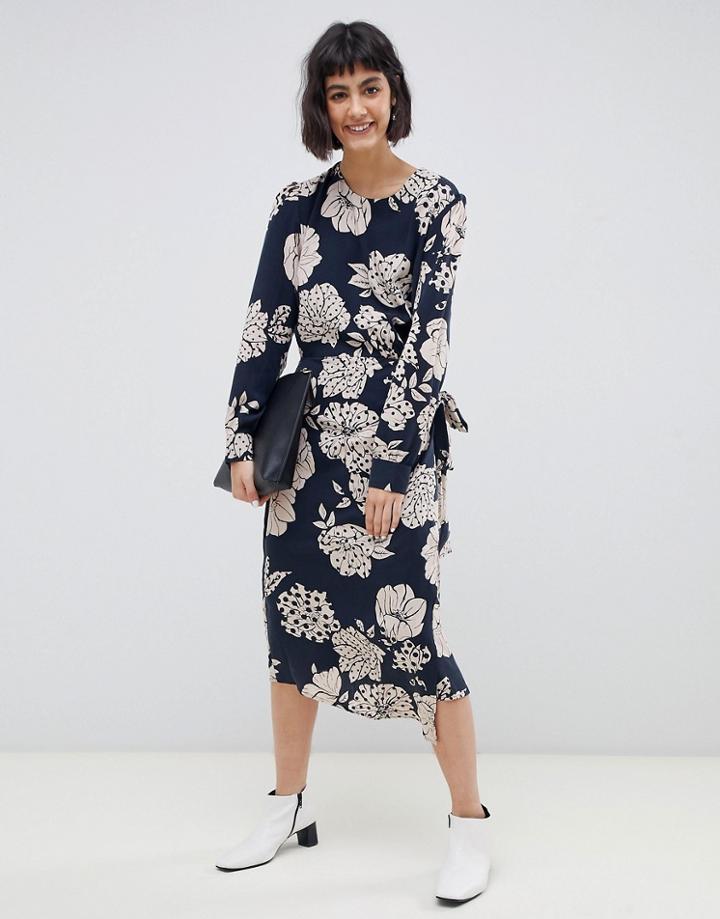Selected Fritzi Floral Print Wrap Midi Dress - Navy