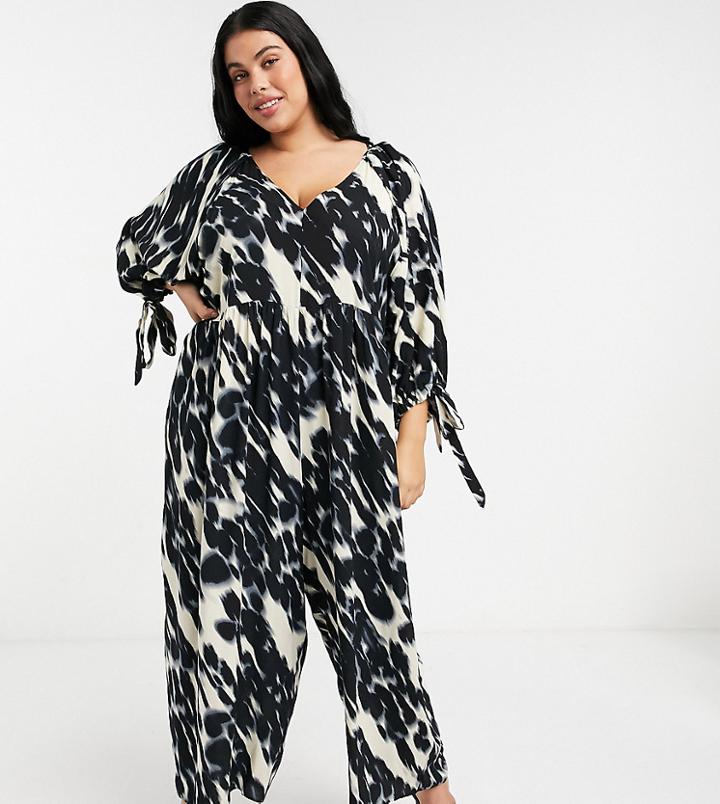 Asos Design Curve Smock Jumpsuit With Tie Sleeve Detail In Blurred Animal Print-multi