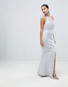 Asos Design Pearl Trim Halter Fishtail Maxi Dress - Gray