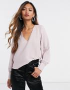 Asos Design Long Sleeve Top With V-neck Detail In Blush-orange