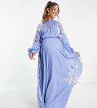 Asos Design Maternity High Neck Maxi Dress With Tie Waist Detail And Stencil Floral Embroidery-blue